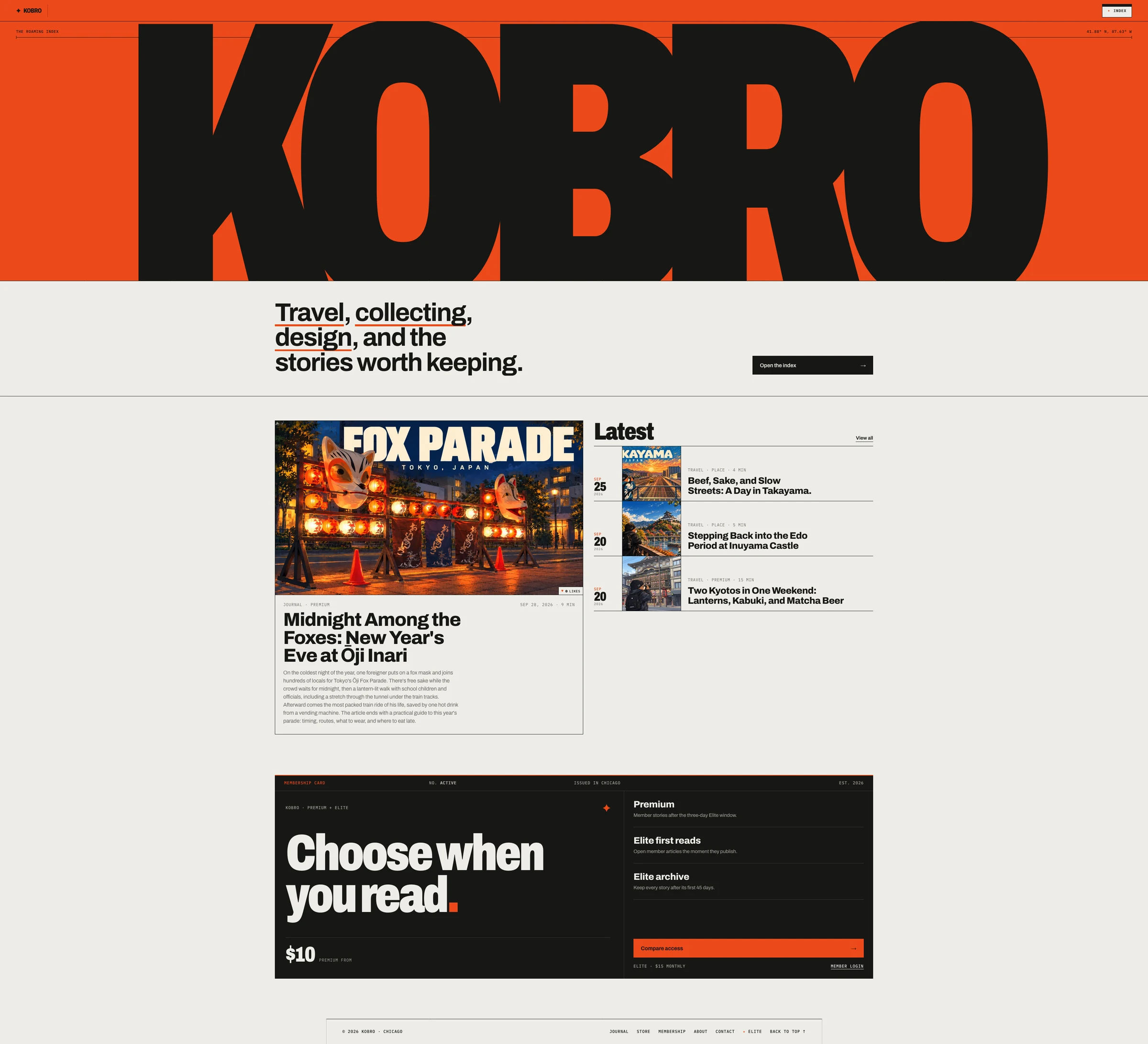KOBRO editorial website example with an oversized black wordmark on orange, featured travel stories, a latest-articles index and a membership section.